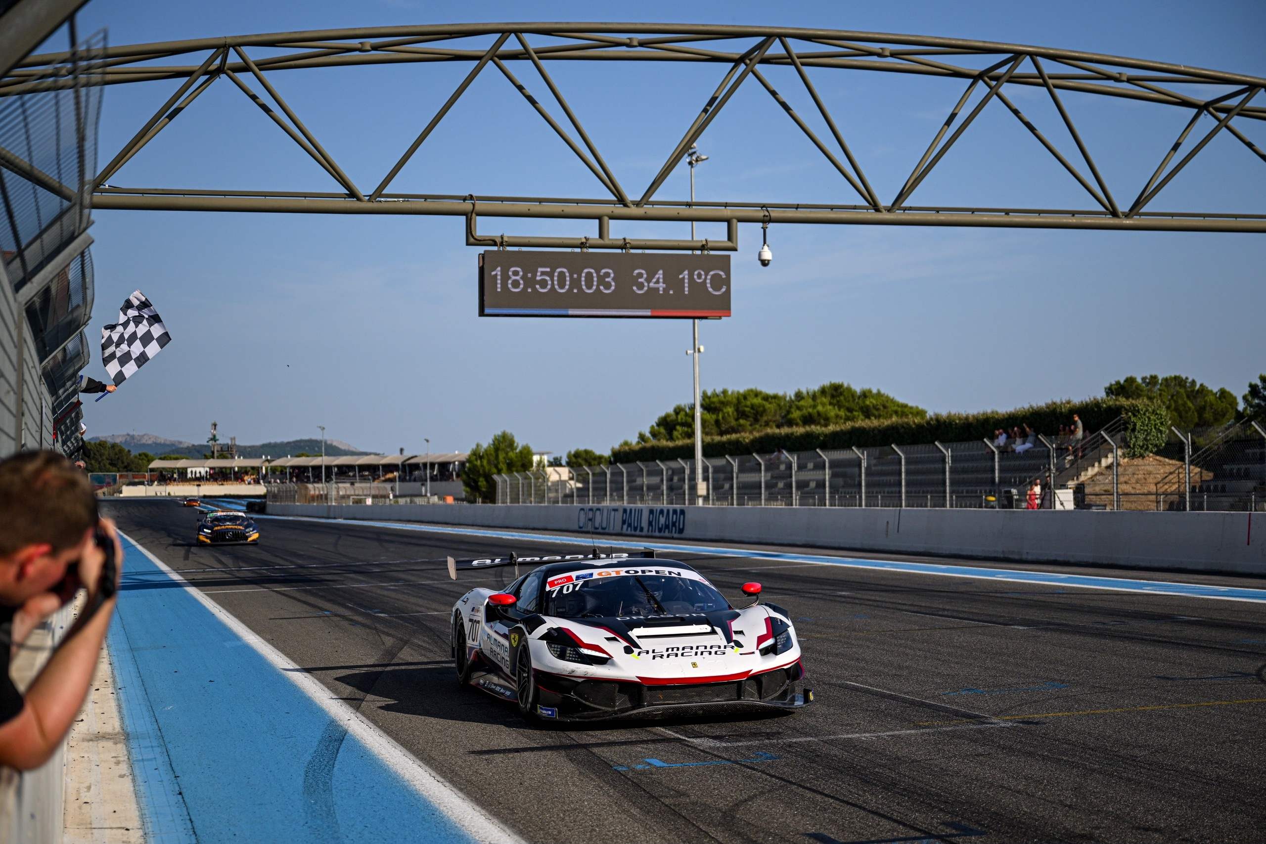 The Al-Manar by Dragon Racing Ferrari crosses the finish line for race one in second place at Paul Ricard.